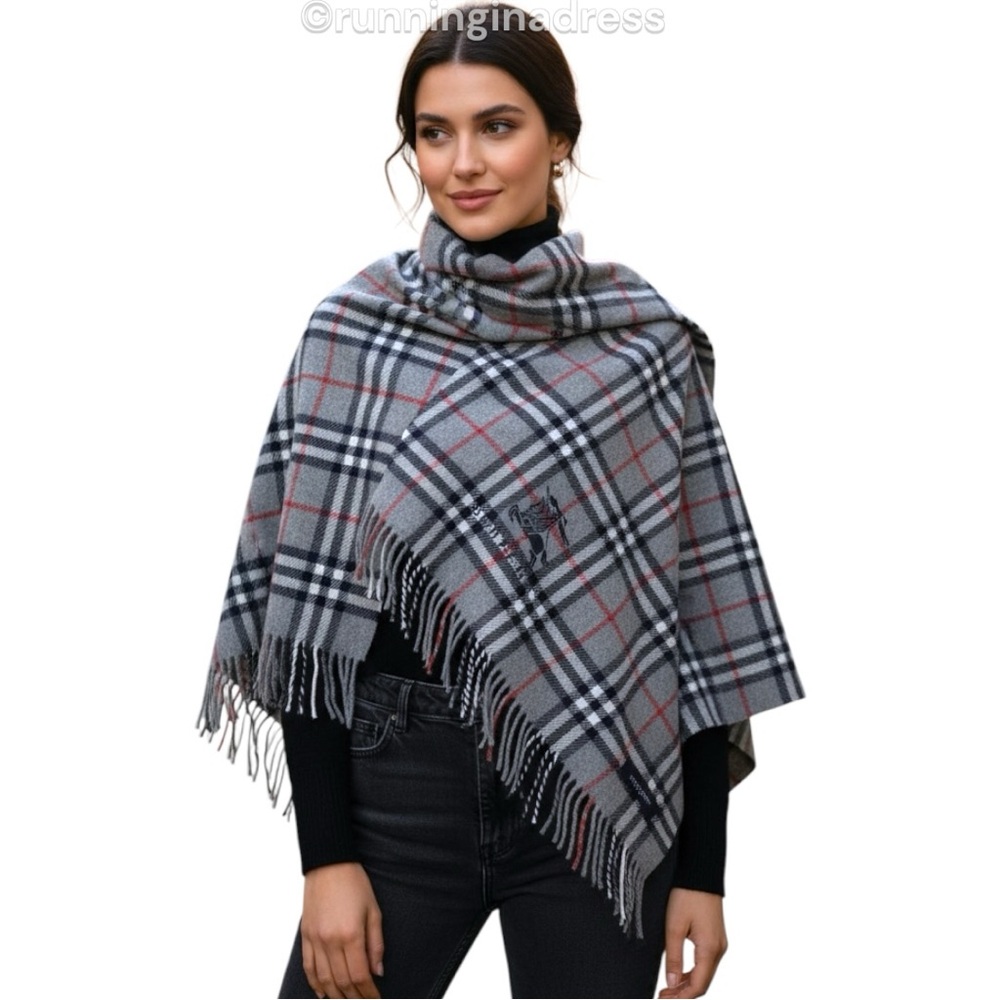 Vintage Burberry Nova Check Blanket Scarf Shawl Equestrian Knight Logo Grey Blue